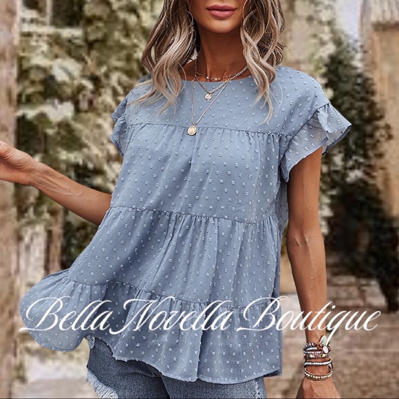 Blue Swiss Dot Tiered Blouse - Picture 4 of 8